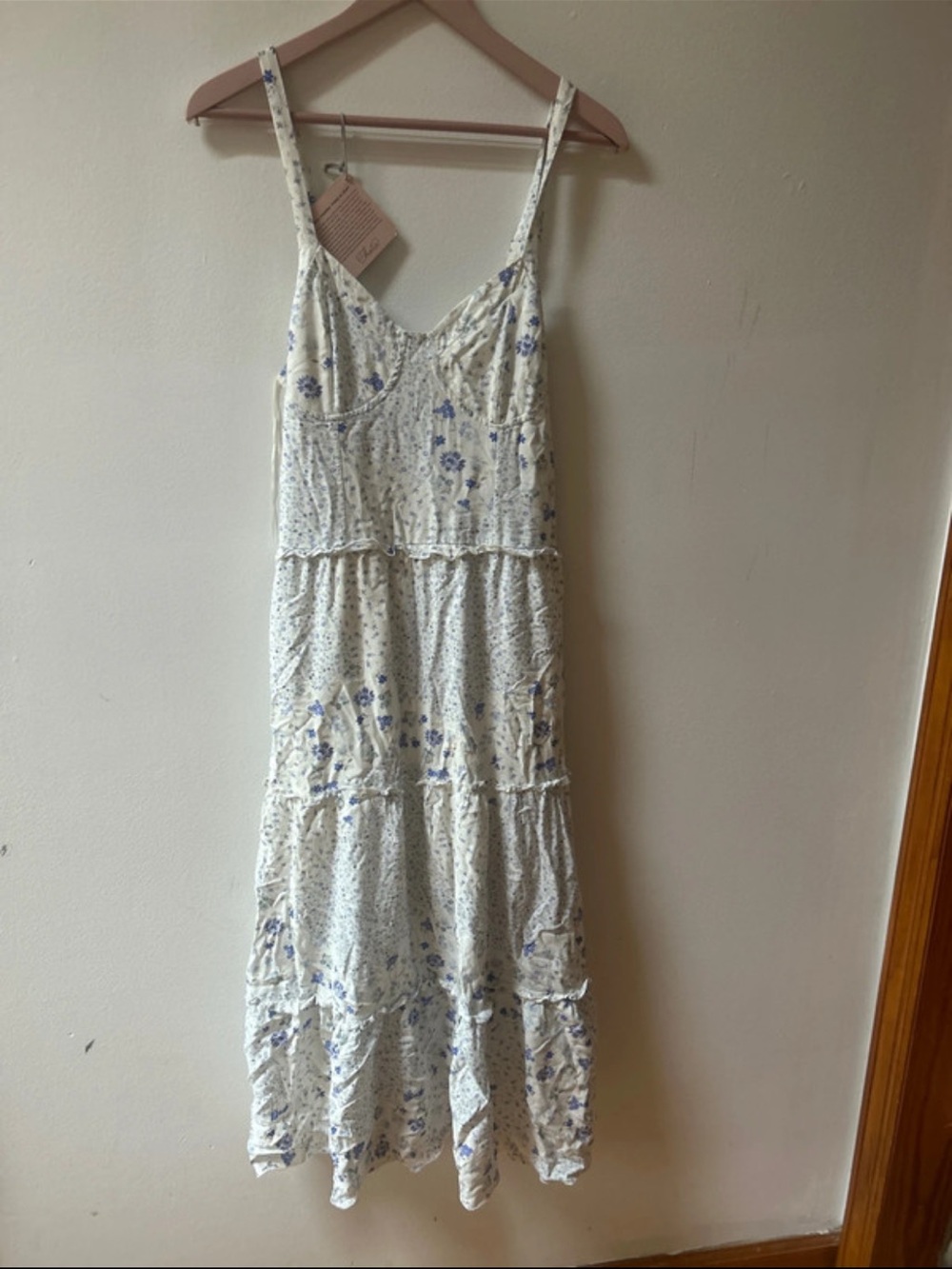 Cream Midi Dress with Blue Floral Print — Spaghetti Strap Tiered Sundress
